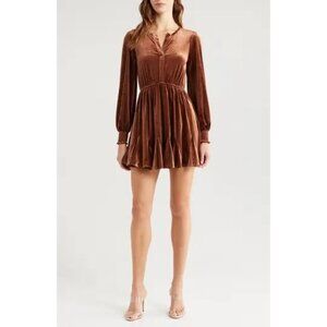 Zoe & Claire Long-Sleeve Velvet Mini Dress With Godet Hem & Smocked Cuff S Brown